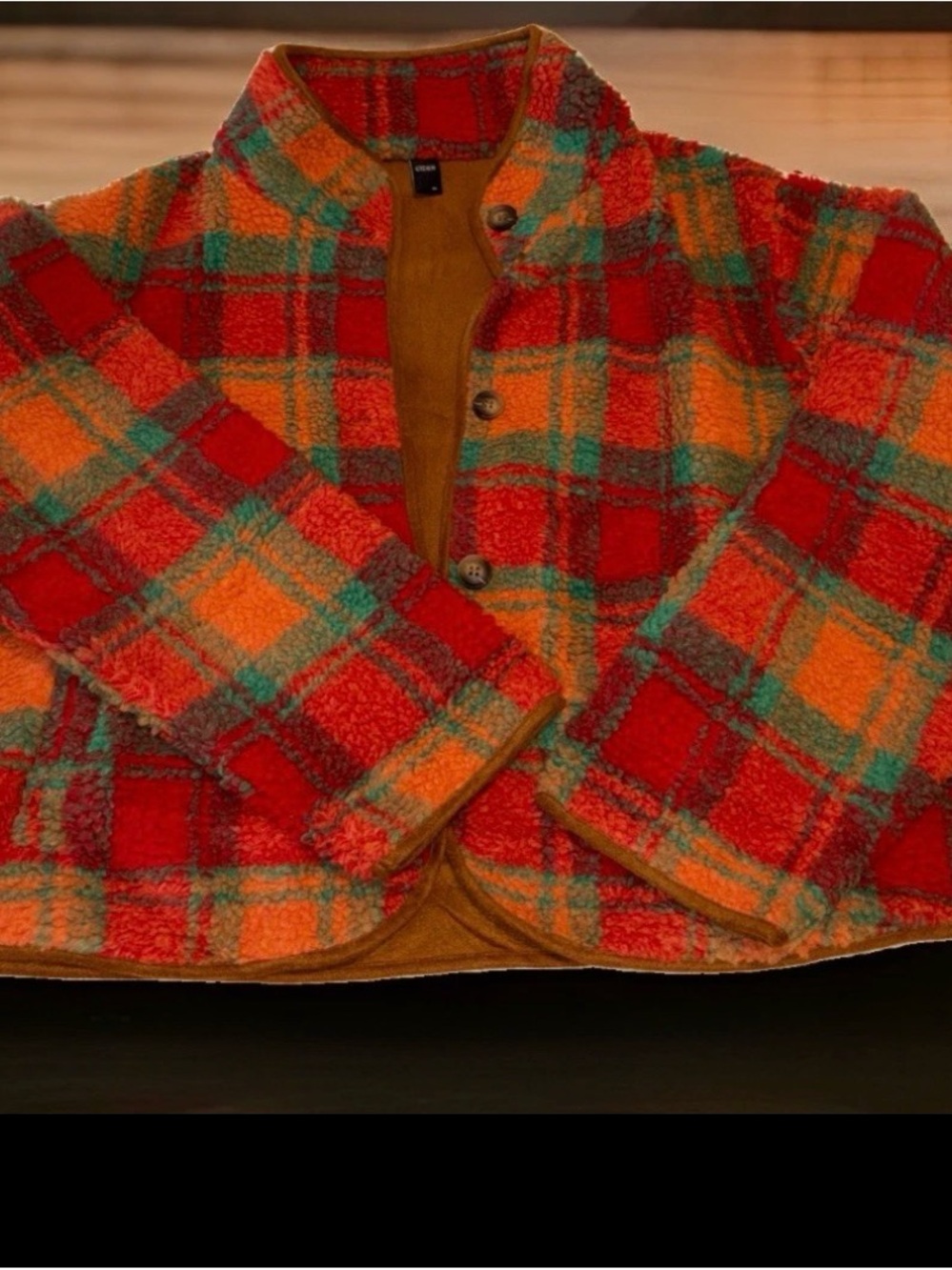 Cider, Plaid, Teddy Fleece Cropped Jacket, Fall, Preppy, #943CL - Picture 3 of 8